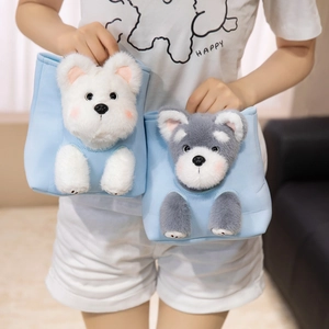 Cute puppy plush tote bag in light blue fabric with 3D stuffed dog head and paws