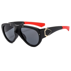 Fashion oversized sport sunglasses in black and red frame with gold shield accents