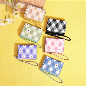 Short bifold heart argyle wallets for women with wrist straps in six pastel colors