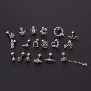 Set of 18 silver stainless steel cartilage earrings with zircon butterfly and stars