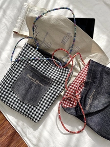 Retro denim canvas tote bag with gingham pattern and vibrant colorful beaded straps