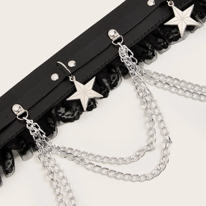Punk black lace and leather choker with silver star pendant and layered metal chains