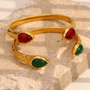 18K gold plated double snake head bangle with red and green agate on stone base