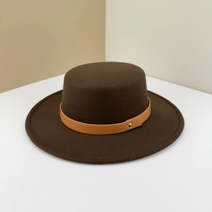 Flat top brown wool felt boater hat with stylish leather belt and golden stud detail