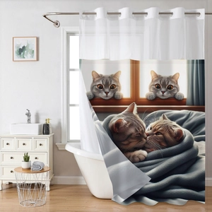 Detail of waterproof waffle fabric shower curtain with cute grey cat printing