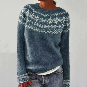 Maglione in maglia jacquard nordico blu con girocollo e motivi geometrici bianchi