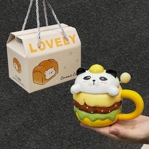 Cute hamburger-shaped ceramic mug with panda lid and gift box for birthday presents