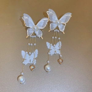 White Cloth Butterfly Tassel Drop Earrings With Alloy Rhinestone Artificial Pearl And 925 Sterling Silver Earring Post Retro For Women