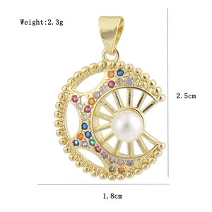 Gold crescent moon pendant with colorful zircon and pearl detailing, size 2.5cm by 1.8cm