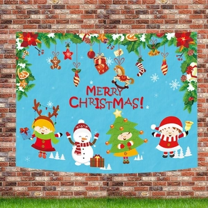 Christmas tapestry featuring cartoon snowman, reindeer, and Santa Claus on blue backdrop