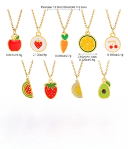 Detailed view of nine colorful stainless steel fruit and vegetable pendant necklaces