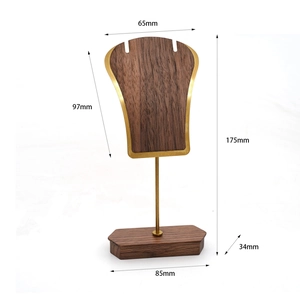Solid walnut and brass necklace display stand with detailed size measurements on white background