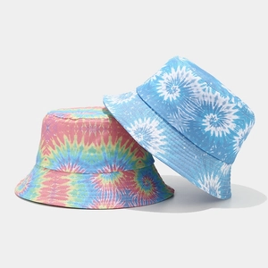 Women Tie Dye Cotton Bucket Hat Flat Top Sun Protection Casual Beach Travel Outdoor Breathable Sunshade