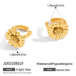 Detail of golden stainless steel daisy ear clips showing dimensions and material specifications