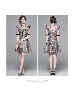 Front and back view of a slim floral dress with beaded frog buttons and lace trim
