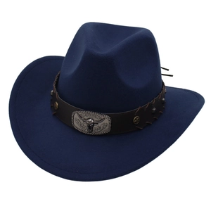 Klassischer dunkelblauer Western Cowboy Filzhut mit Lederband und silbernem Bullenkopf