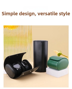 Detail of portable leather watch storage cases with soft lining and snap closures