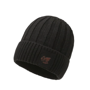 Black knit beanie hat with ribbed texture and brown leather patch for winter warmth