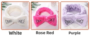 Three-grid layout of soft coral fleece OMG headbands in white, rose red, and purple