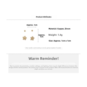 Detailed view of daisy stud earrings with dimensions and copper zircon material specs