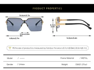 Detailed size chart for oversized square fashion sunglasses with precise metal frame measurements