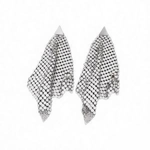 Silver triangle geometric tassel earrings with luxury metallic mesh fringe detail
