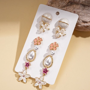 Set of floral pearl earrings with rhinestones and pink flower drops on white card