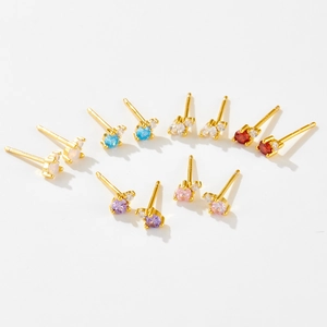 Close-up of S925 silver stud earrings set featuring multi-colored 3mm birthstones