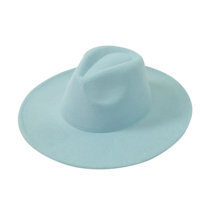 Detail view of light blue wool felt fedora showing wide brim and classic crown indent
