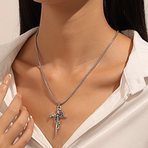 Vintage rose cross necklace in silver finish with dark romantic style pendant