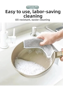 Detail showing metal mesh dishcloth for wet and dry use cleaning kitchen pans