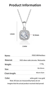Detailed specifications of S925 silver necklace with 6.5mm Moissanite square pendant