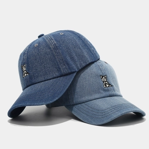 Vintage washed denim baseball caps in blue with cute cartoon dog embroidery for outdoors