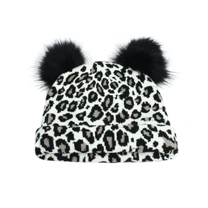Women leopard print knit hat with double faux fur pom poms and fold-over cuff