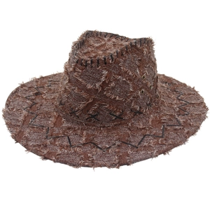 Distressed brown denim western cowboy hat with frayed fabric and rugged stitching details