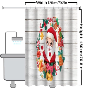 Rideau de douche de Noël avec Père Noël et couronne sur texture bois, 180x180 cm