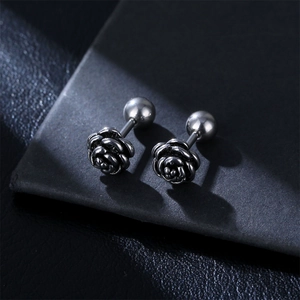 Vintage silver titanium steel rose stud earrings with secure ball screw backs for women