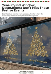 Detail of golden snowflake Christmas tree window decals with Merry Christmas text