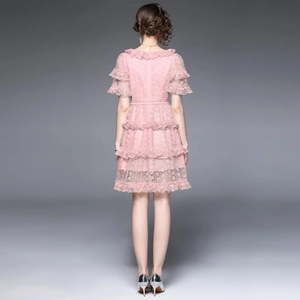 Short pink lace princess dress with luxury embroidery, layered ruffles and slim waist design