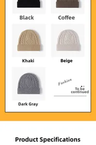 Close-up of thick knitted beanies in five colors with textured cable patterns