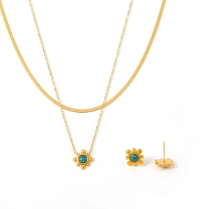 18k gold plated sunflower jewelry set with dual-layer necklace and opal stud earrings