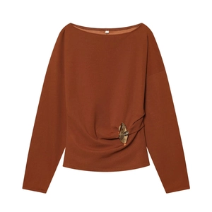 Rust long sleeve buckled off-shoulder top with side ruching and golden hardware