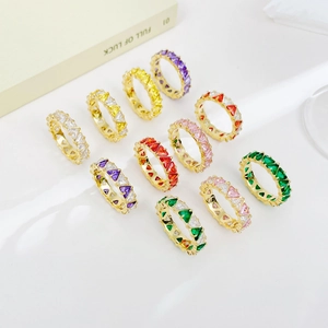Set of 10 gold stacked rings with multicolored triangle-cut cubic zirconia for women