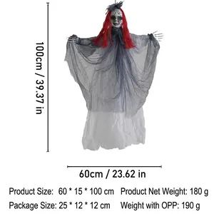Halloween hanging grim reaper ghost decoration with red hair for haunted house parties