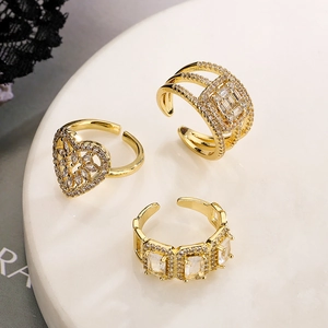 Geometric Heart Square Cubic Zirconia Open Adjustable Copper Ring Gold Plated Minimalist Fashion Jewelry For Women