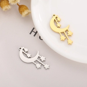 Titanium steel moon and star tassel necklace pendants in gold and silver finishes