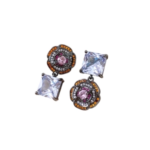 Retro asymmetric flower earrings with pink gems and white square zircon drops