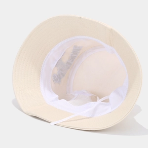 Off-white cotton bucket hat with breathable mesh lining and adjustable drawstrings