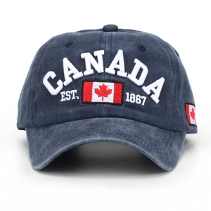 Close-up of washed cotton baseball cap with 3D Canada embroidery and national flag patch