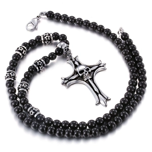 Skull Cross Pendant Necklace Stainless Steel Black Round Beaded Chain Gothic Hip Hop Jewelry For Men And Boys